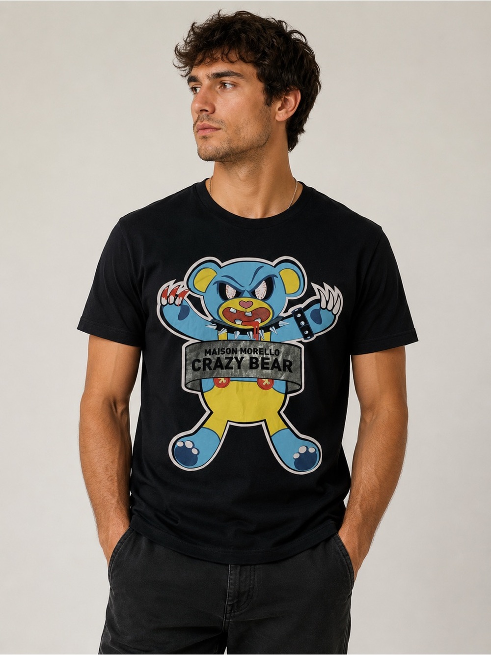 Frankie Morello Crazy Bear Graphic Tee Black Cotton T-Shirt Men’s M